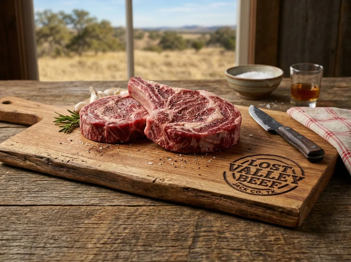 Ribeye steaks from a Lost Valley Beef quarter beef share on a branded cutting board